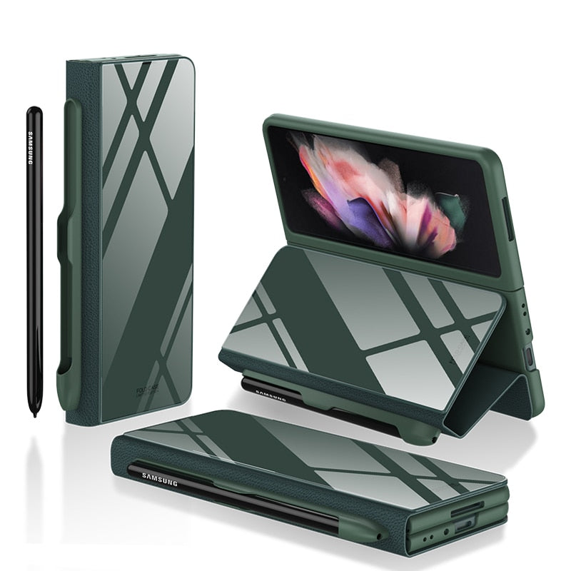 Luxury Leather & Tempered Glass Flip Stand Case For Galaxy Z Fold - casetiphone
