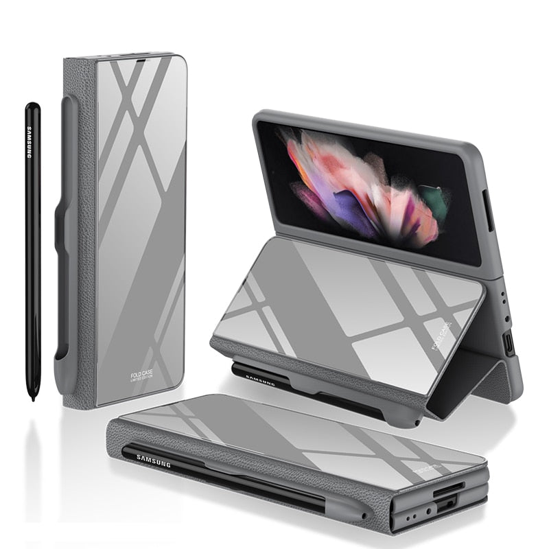 Luxury Leather & Tempered Glass Flip Stand Case For Galaxy Z Fold - casetiphone